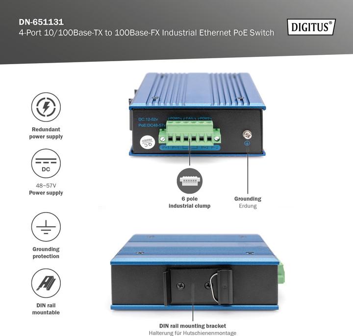 Immagine prodotto Digitus Switch Ethernet industriale da 4 porte 10/100Base-TX a 100Base-FX (4 porte)
