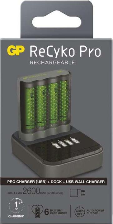 Produktbild GP Batteries GP Pro P461 nabíječka, USB, 60 min. + 4x AA Recyko+ 2700 (1 Stk., AA, AAA)