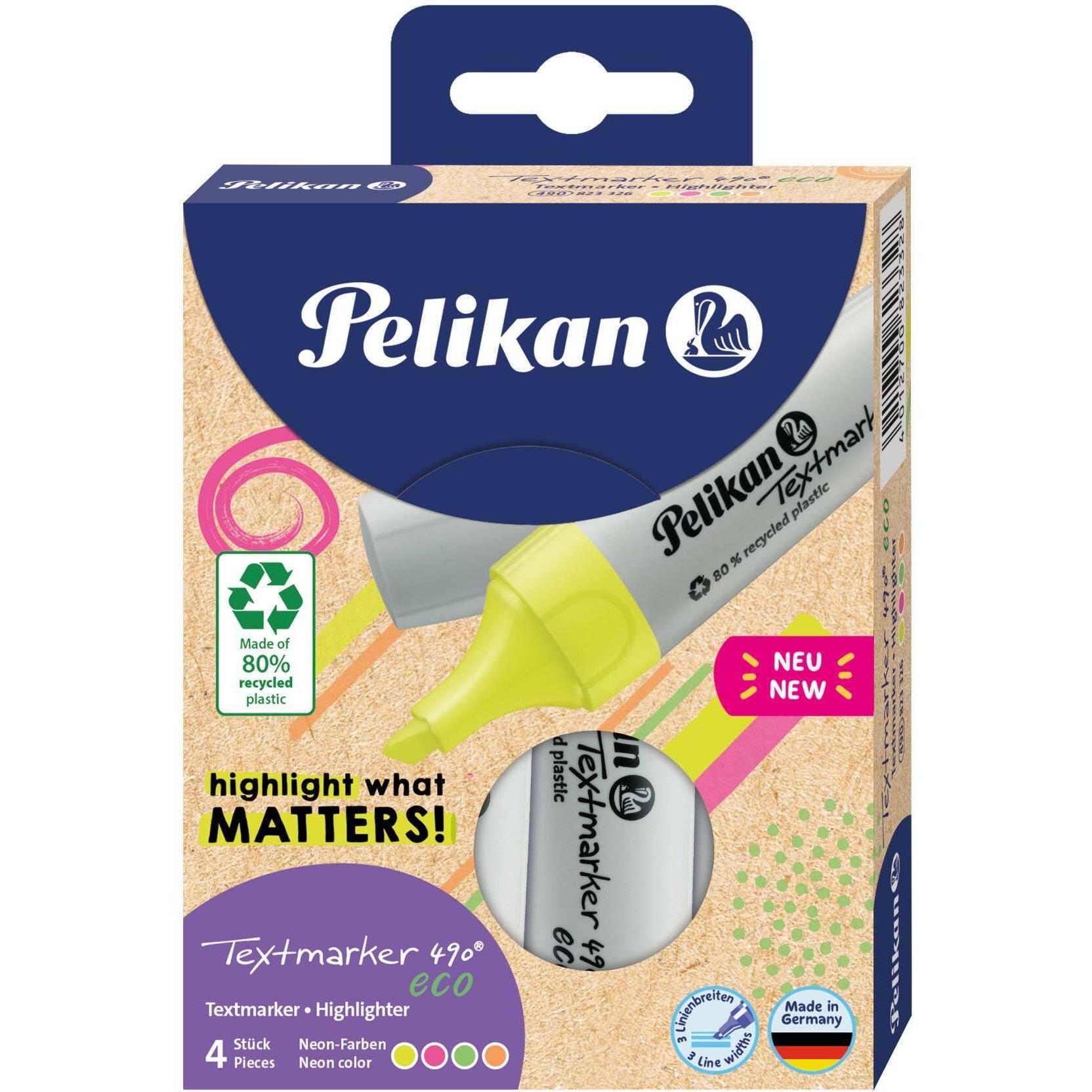 Pelikan, Marker, Textmarker 490 eco Set aus 4 Neon-Farben im Etui (DAA293, 5 mm, 4 x)