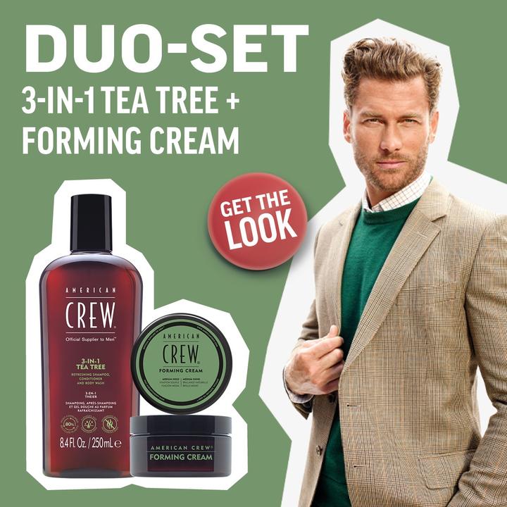 Immagine prodotto American Crew Set Duo Vacanze: Shampoo, Balsamo e Lavaggio Corpo 3 in 1 all'Albero del Tè 250ml + Crea Formante (Shampoo liquido)