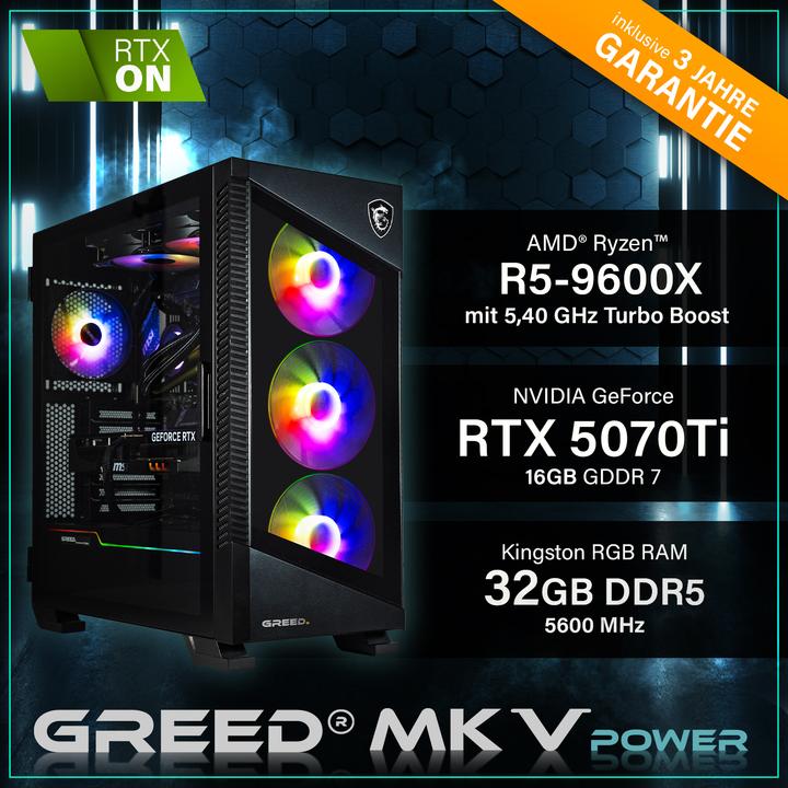 Produktbild Greed MK5 AMD POWER - Gaming PC - RTX 5070 Ti & DDR5 (1000 GB, 32 GB, AMD Ryzen 5 9600X, GeForce RTX 5070 Ti)