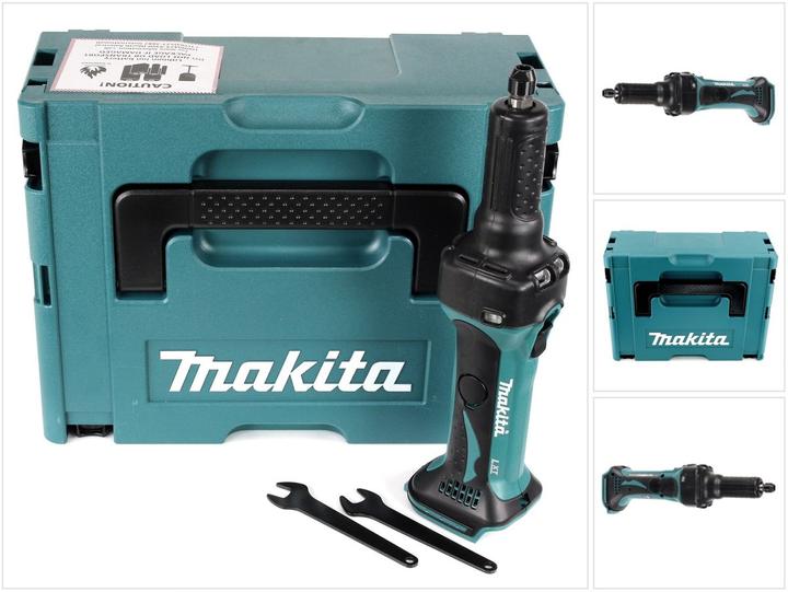 1x Makita DGD 800 18 V Akku-Geradschleifer, 1x Spannzange 6 mm, 1x Bedienungsanleitung, 1x Makita Makpac 2, 1x Montagewerkzeug