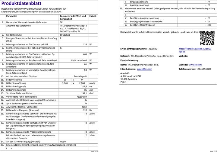 Immagine prodotto TCL Smart TV 85C8K UHD 85" ULED HDR10 Google Assistant QLED (85", QLED, UHD)