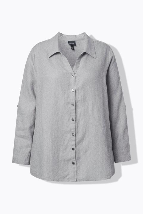 Actual product image Ulla Popken Roll-Tab Sleeve Button Front Linen Blouse (48)