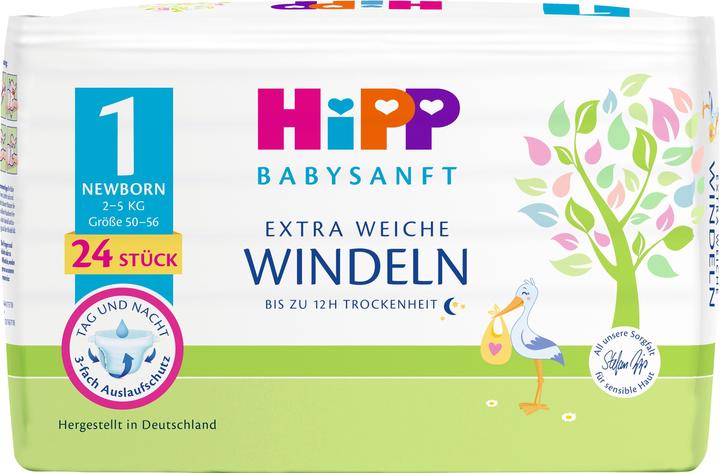 Hipp Pannolini Babysanft Newborn 1 singolo, 24 pezzi. (Dimensione 1, Pacco trasportabile, 24 pz.)