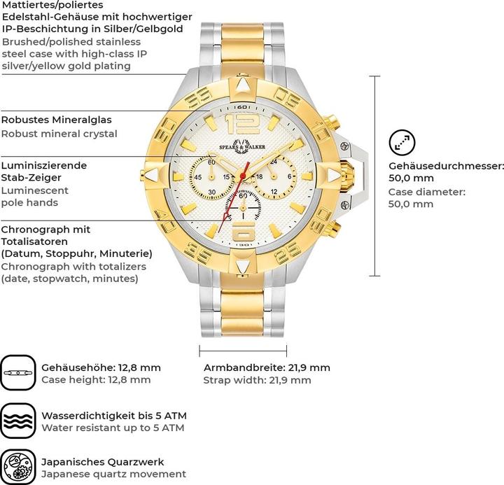 Produktbild Spears & Walker Herren Quarzuhr Varus II Edelstahl silber/gelbgold - 23246 (Chronograph, 50 mm)