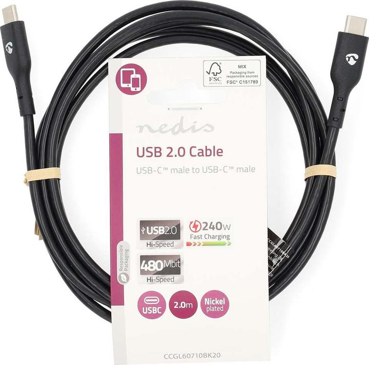 Actual product image Nedis USB cable | USB 2.0 | USB-C™ plug | USB-C™ plug | 240 W | 480 Mbps | Nickel-plated | 2.00 m (2 m, USB 2.0, 240 W)