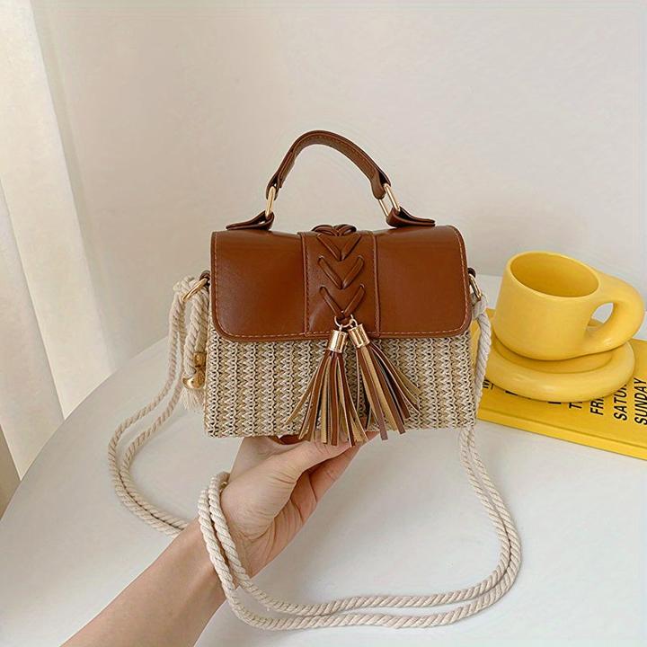 Image du produit Only-Bags.Store Sac à main en paille tressée avec décor de houppes, mini sac de plage à bandoulière, poignée en