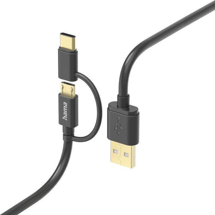 Image du produit Hama Câble de charge multiple 2en1, USB-A - Micro-USB et USB-C, 1 m, noir (1 m, USB 2.0, 5 W)