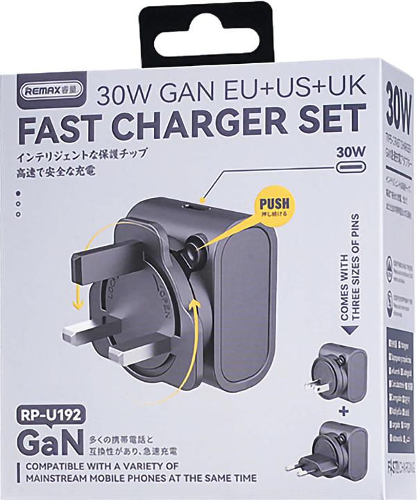 Actual product image Remax 30W GaN Ladegerät mit EU/US/UK Adapter (30 W, 1 portion)