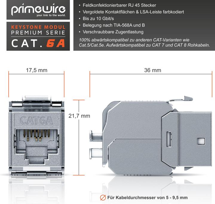 Image du produit Primewire 4x Keystone Modul CAT.6a für LAN Kabel Stecker feldkonfektionierbar, RJ45 Buchse zu Netzwerkkabel (Module Keystone)