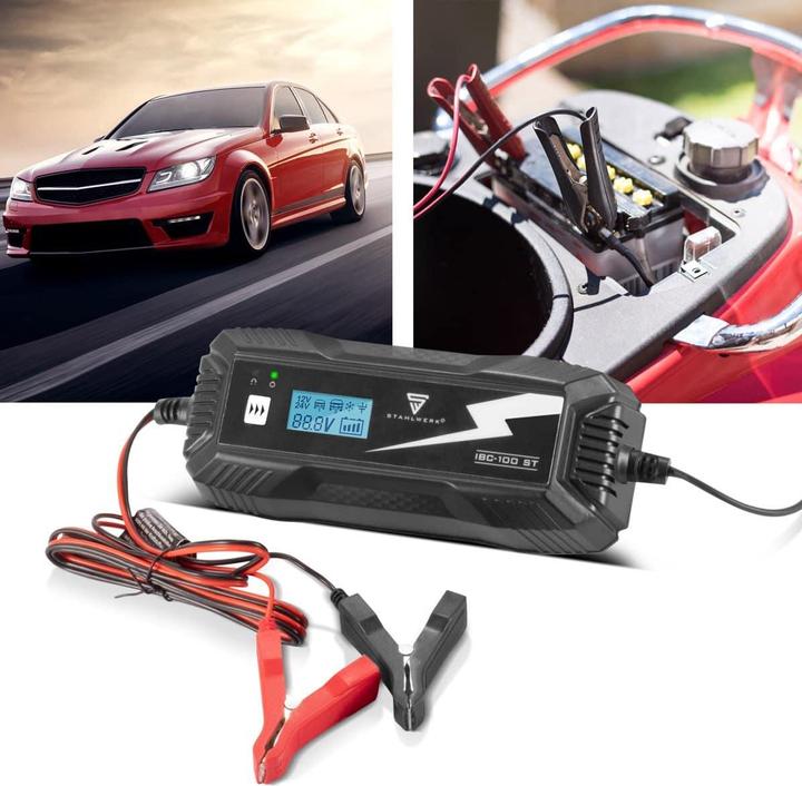 Produktbild Stahlwerk Batterieladegerät IBC-100 ST mit Mikroprozessor und 10 Lademodi (12V, 24V, 10 A)