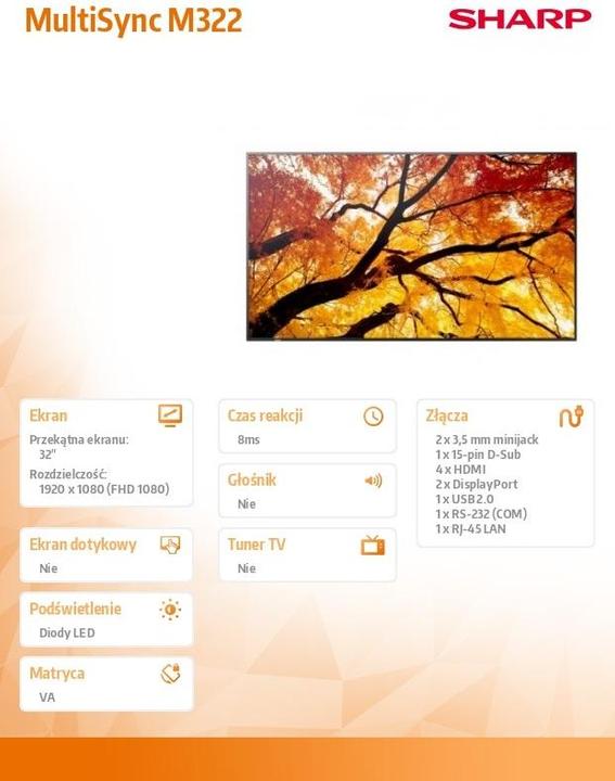 Produktbild NEC Sharp MultiSync M322 32", FHD, 24h 450cd/m2 xx% Haze (1920 x 1080 Pixel, 32")