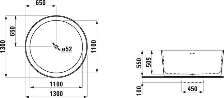 Produktbild Laufen Badewanne VAL 1300x1300mm, rund, freistehend weiss (460 l, 130 cm, 130 cm)