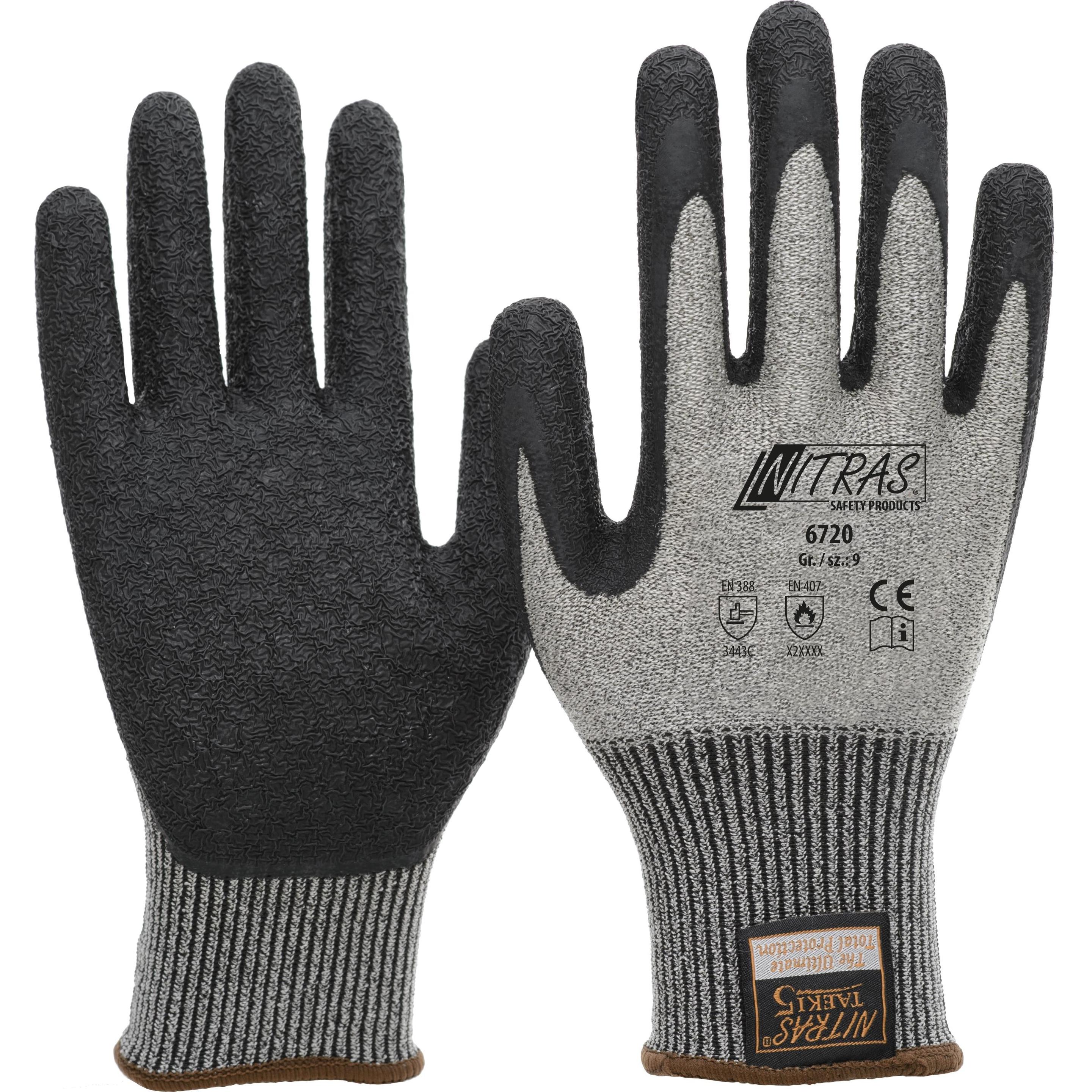 Nitras, Schutzhandschuhe, TAEKI Schnittschutzhandschuhe, TAEKI-Spezialgarn, grau, Latex-Beschichtung, schwarz (Farbcode ...