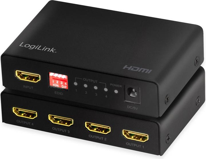 Actual product image LogiLink HD0038 HDMI Splitter 1x4-Port, 4K/60 Hz, HDCP, EDID, HDR, CEC, downscaler