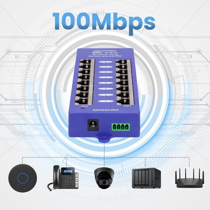 Produktbild Extralink POE INJECTOR 8 PORT GIGABIT MODE B - - 8-Port Fast Ethernet, Gigabit Ethernet (802.3af (PoE), 48 W)