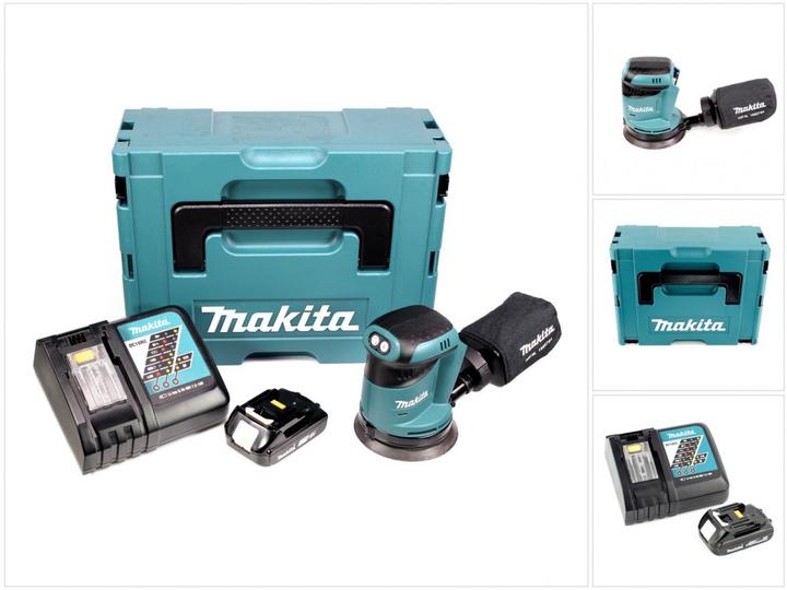 1x universal insert, 1x Makita DC 18 RC charger, 1x sandpaper, 1x dust collection box, 1x Makita BL 1820 B 18 V Li-Ion battery with 2 Ah - 2000 mAh, 1x Makita DBO 180 Z 18V Li-ion cordless random orbital sander, 1x Makita MAKPAC&nbsp;transport case