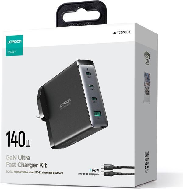 Actual product image Joyroom GaN charger UK JR-TCG05UK 140W 3x USB-C USB-A + USB-C / USB-C cable 240W 1.2m (140 W)