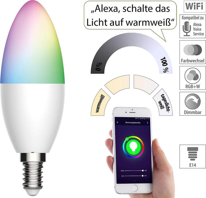 Produktbild Luminea WLAN-LED-Lampe für Amazon Alexa und Google Assistant, E14, 5,5 W (E14, 5.50 W, 470 lm, 1 x, F)