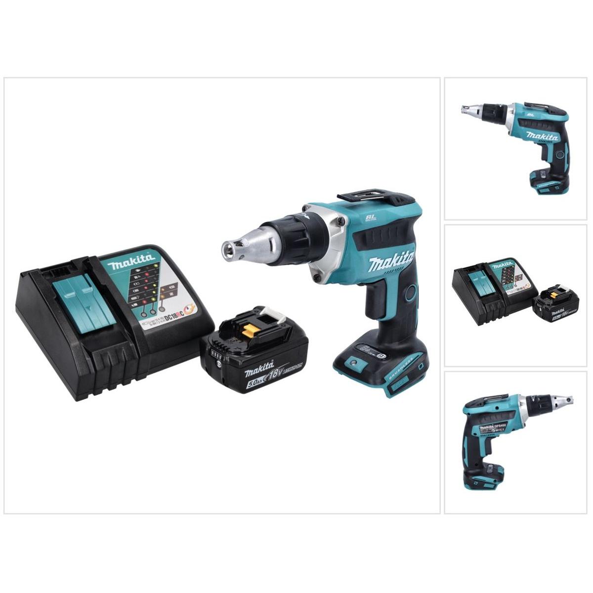 Makita, Bohrmaschine + Akkuschrauber, DFS 452 RT1 Akku Schnellbauschrauber 18 V Brushless + 1x Akku 5,0 Ah + Ladegerät (...