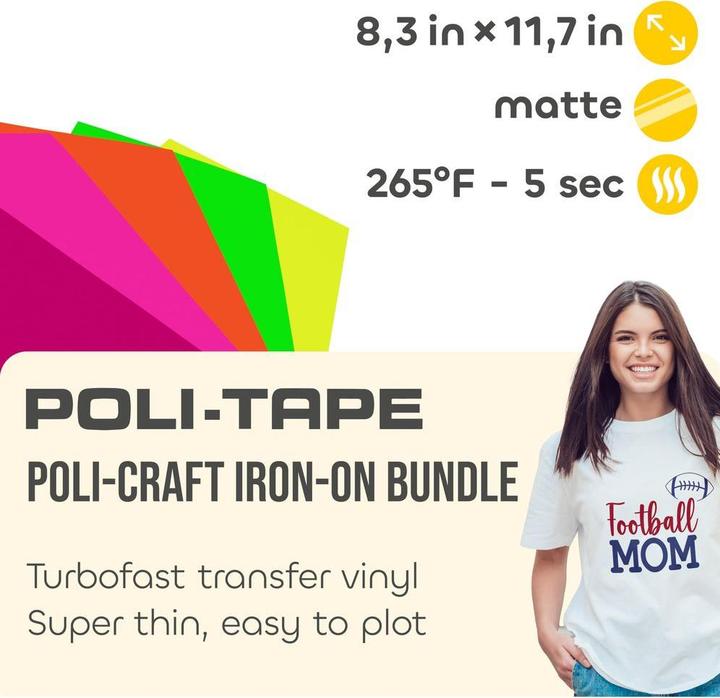 Image du produit Poli-tape Aufbügelfolie Neon A4, mehrfarbig, 5 Stück