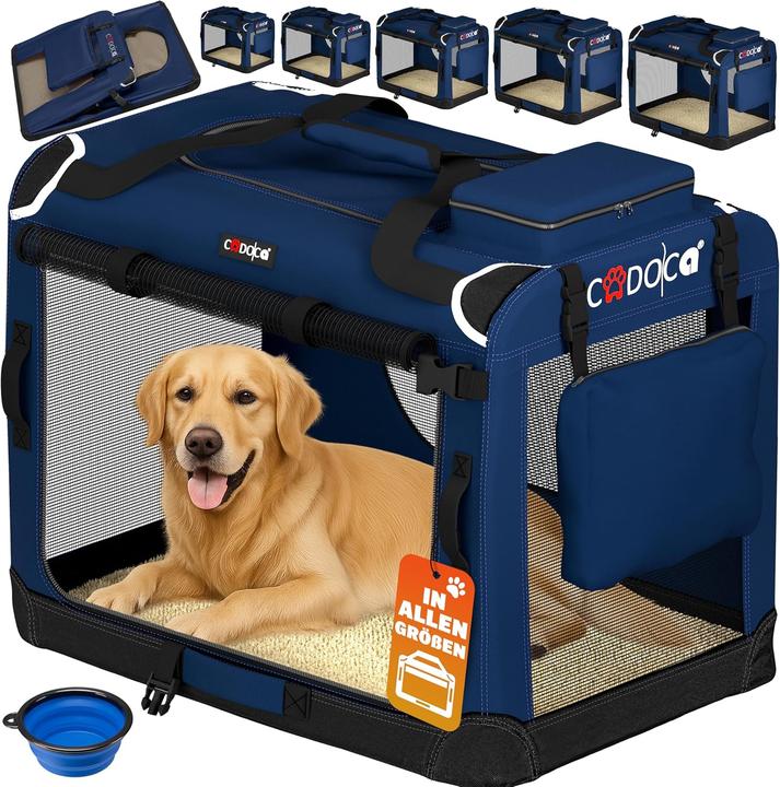Cadoca Faltbare Hundetransportbox XXXL mit Tragegriff extra Tasche und Autogurtlasche (Hund, Waschbar, Faltbar, Atmungsaktiv)