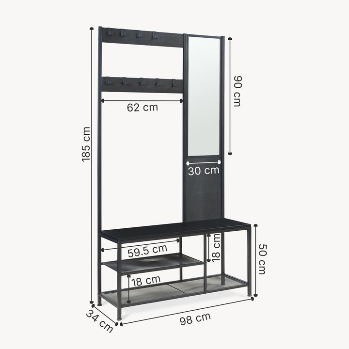 Produktbild En.Casa Garderobenständer Napinerg mit Spiegel und Schuhregal 185x98x34 cm Schwarz