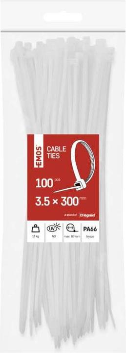 Actual product image Emos Cable tie 300×3,5, white, 100 pcs (Plastic cable ties, 300 mm, 100 pcs.)