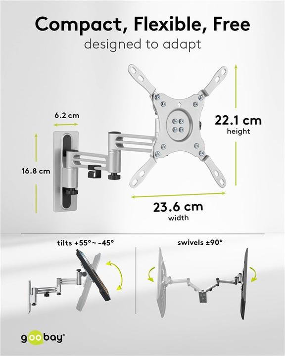 Image du produit Goobay Support TV mural Caravan FULLMOTION M, Argent (Mur, 15 kg, 13" - 43")