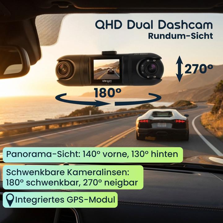 Immagine prodotto Ideoon Dashcam doppia QHD (Display integrato, Microfono incorporato, Ricevitore GPS, Visione notturna, QHD)