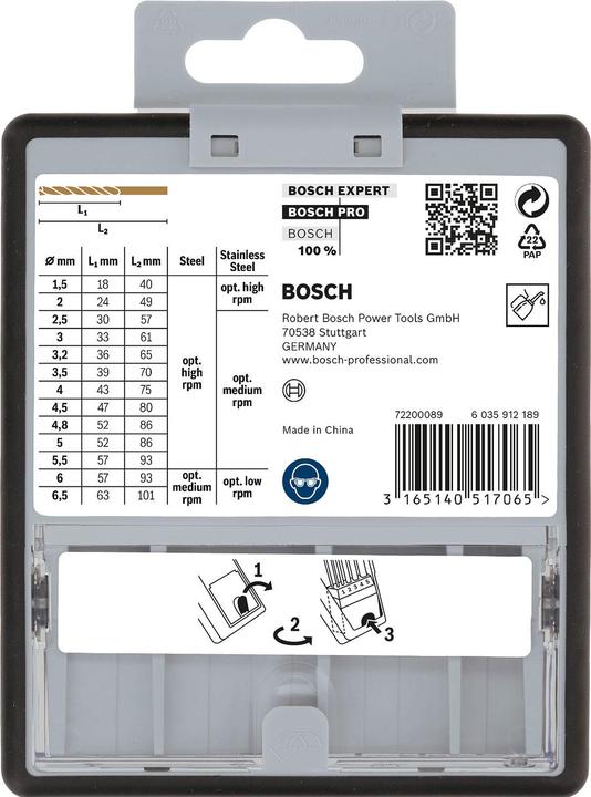 Actual product image Bosch Professional Zubehör PRO Stainless Steel HSS-Co twist drill set, 13 pcs. (1.5 mm, 2 mm, 2.5 mm, 3 mm, 3.2 mm, 3.5 mm, 4 mm, 4.5 mm, 4.8 mm, 5 mm, 5.5 mm, 6 mm, 6.5 mm)