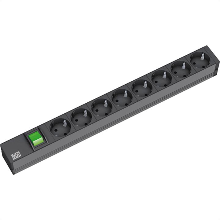 Actual product image Bachmann 48,30cm (19")-socket strip ALU 1HE, 8-way, s. black, protective contact, 2 m, with switch (8x, CEE 7/3, 2 m)