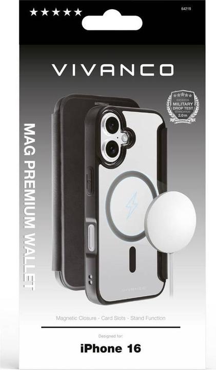 Image du produit Vivanco MAG PREMIUM Wallet pour iPhone 16, noir, 2.0m Drop-Protection, MagSafe Suport (Apple iPhone 16)
