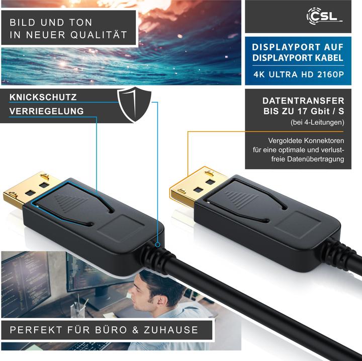 Image du produit CSL Câble DisplayPort 4k 60Hz Ultra HD - DisplayPort 1.2 vers DP 4K 1.2 y compris le transfert audio (5 m, DisplayPort, 1.2)