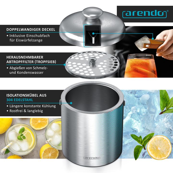 Image du produit Arendo Eiseimer, Eiswürfelbehälter mit Deckel, Edelstahl, 1,3 Liter, doppelwandig, Eiszange und Sieb