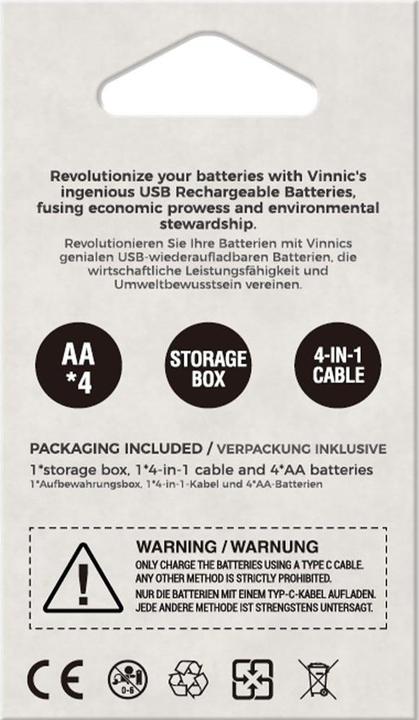 Actual product image Vinnic Rechargeable Battery AA USB-C (4 pcs., AA, 1600 mAh)