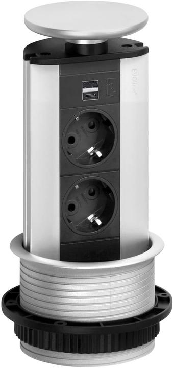 Evoline Presa di corrente Port 2x prese 1x USB-A, C-Charger effetto acciaio inox (2x, CEE 7/3, 2.50 m)