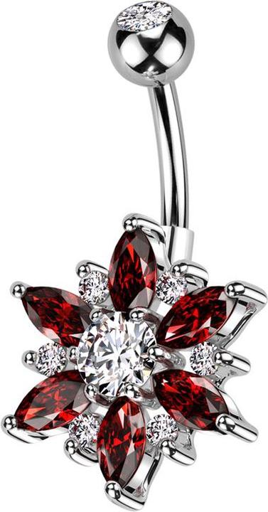 Actual product image Star Piercing Banana silver with ball silver crystal silver and flower crystals silver and red (Brass, Surgical steel 316L)