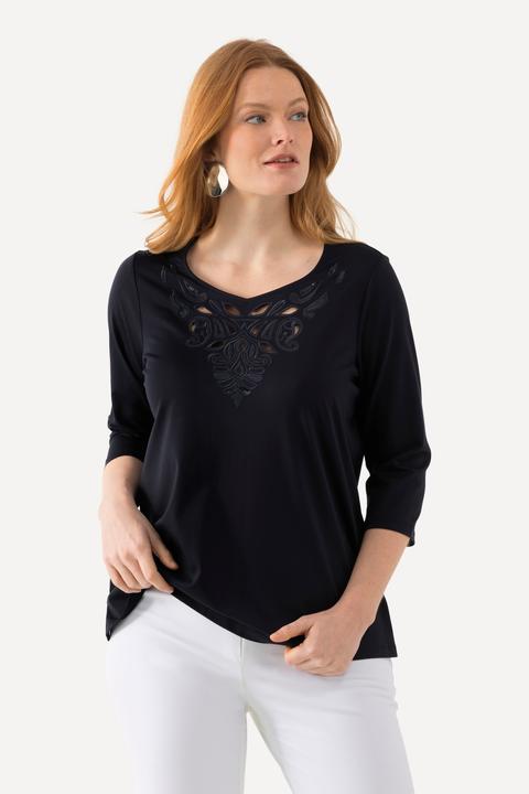 Immagine prodotto Ulla Popken Maglia classica con ricami, scollo a cuore e maniche a 3/4 (46, 48)
