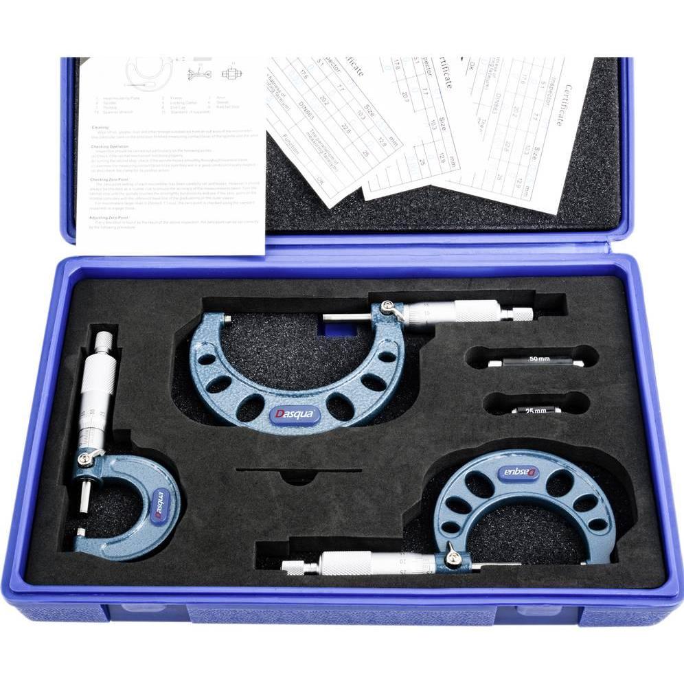 Dasqua, Längenmesswerkzeug, 4111-8206 Bügelmessschrauben-Set mit Kontrollmass 0 - 75 mm DIN 863 (Metrisch)