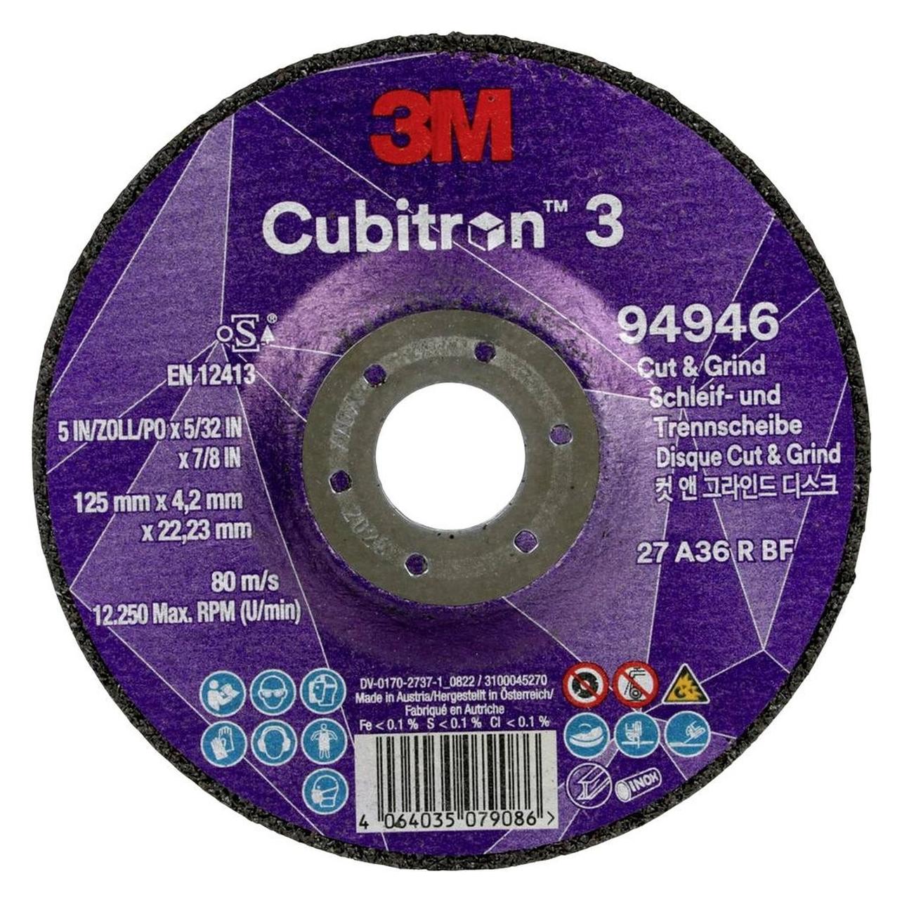 3M, Schuurmiddelen, Cubitron 94946 Cubitron™ 3 Cut And Grind Slijpschijf Diameter 125mm Boring Ø 22, 23mm 10st. (A36)