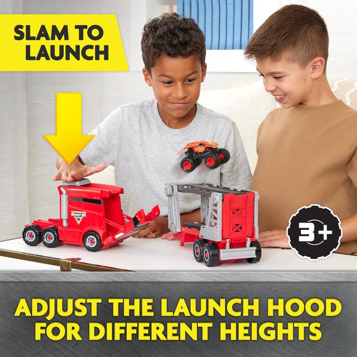 Actual product image Spin Master Monster Jam, Official 2-in-1 Launch N' Go Hauler playset with storage space, includes Monster Truck
