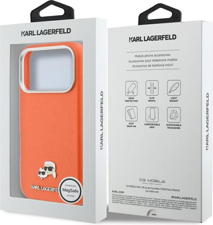 Productafbeelding Karl Lagerfeld Case Karl & Choupette Head Pins Saffiano MagSafe for iPhone 17 Pro orange (Apple iPhone 17 Pro)
