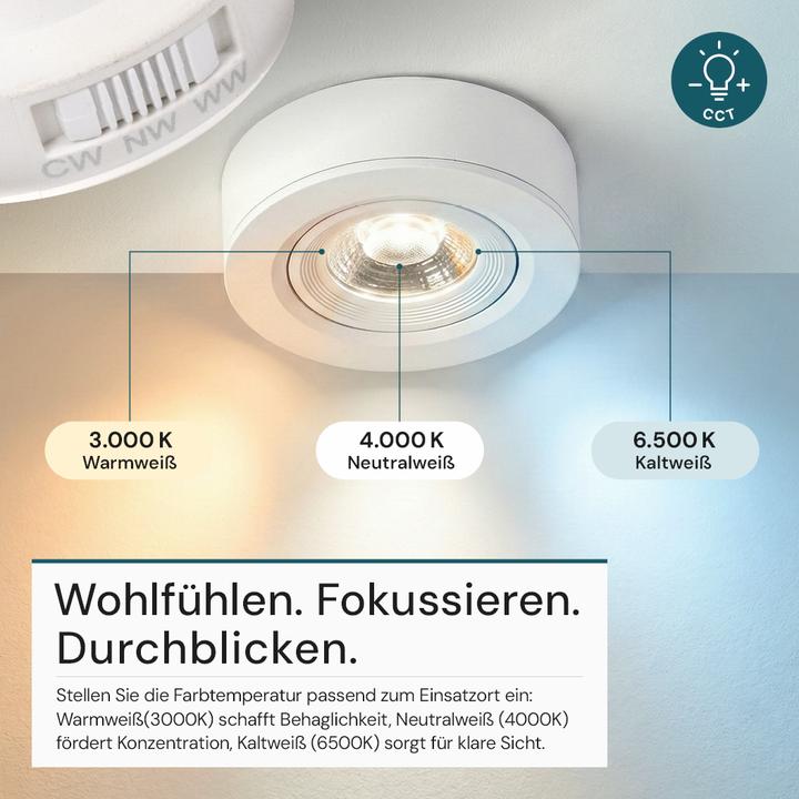 Produktbild Luxula LED CCT Downlight, Ein- und Aufbaustrahler, schwenkbar, weiss, dimmbar, 5 W, 420 lm (420 lm)
