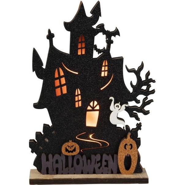 MICA Living Standdeko - Spukhaus Halloween mit LED - aus Holz - ca. 14 x 4 x 23 cm