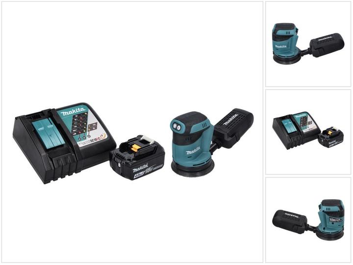 1x Makita DBO 180 Akku Exzenterschleifer, 1x Schleifpapier, 1x Staubsammelaufsatz, 1x Makita BL 1840 18 V 4,0 Ah Akku, 1x Makita DC 18 RC Ladegerät
