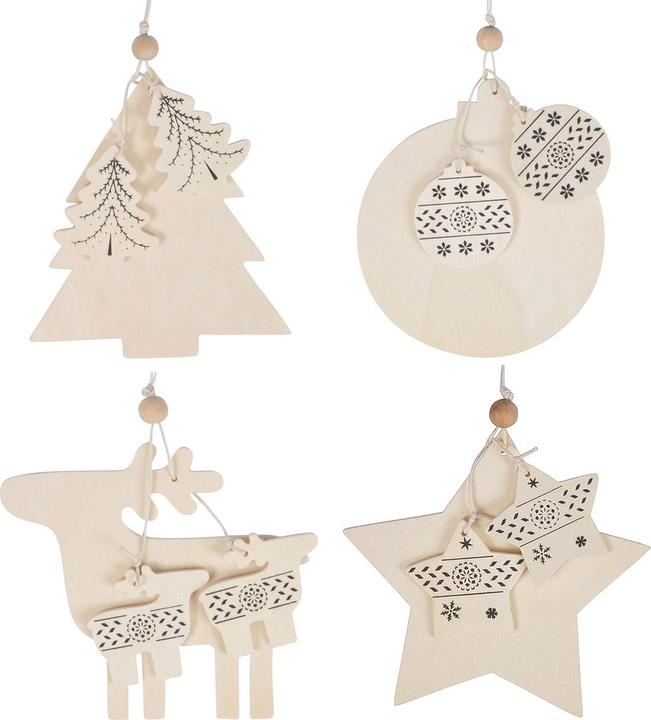 Natura Punto Lot de 4 pendentifs en bois, renne, boule de Noël, sapin de Noël et étoile, à suspendre