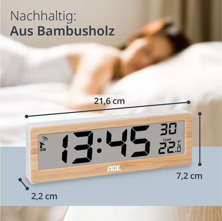 Produktbild ADE Funkuhr DCF mit XXL-Ziffern digital Bambus-Weiss, Form