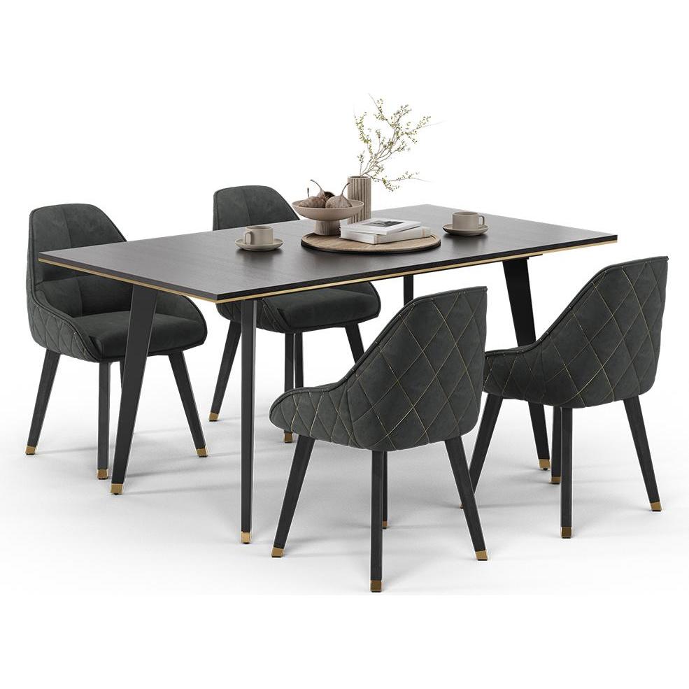 Vichy, Esstisch, Esstisch Set Goldamo, Schwarz/Gold, 200 x 90 cm mit 4 Stühlen